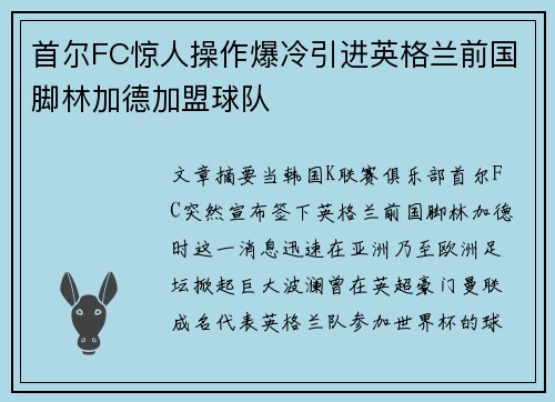 首尔FC惊人操作爆冷引进英格兰前国脚林加德加盟球队