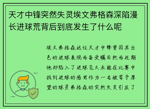 天才中锋突然失灵埃文弗格森深陷漫长进球荒背后到底发生了什么呢 天才中锋突然失灵埃文弗格森深陷漫长进球荒背后到底发生了什么呢