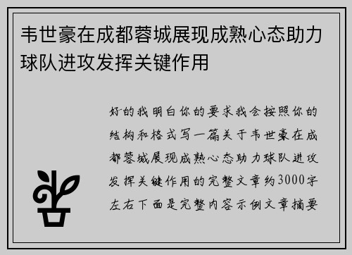 韦世豪在成都蓉城展现成熟心态助力球队进攻发挥关键作用
